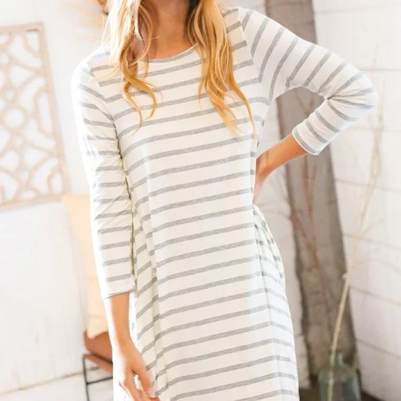 Heather Grey Ivory Stripe 3/4 Sleeve Dress with pockets - Picture 3 of 11